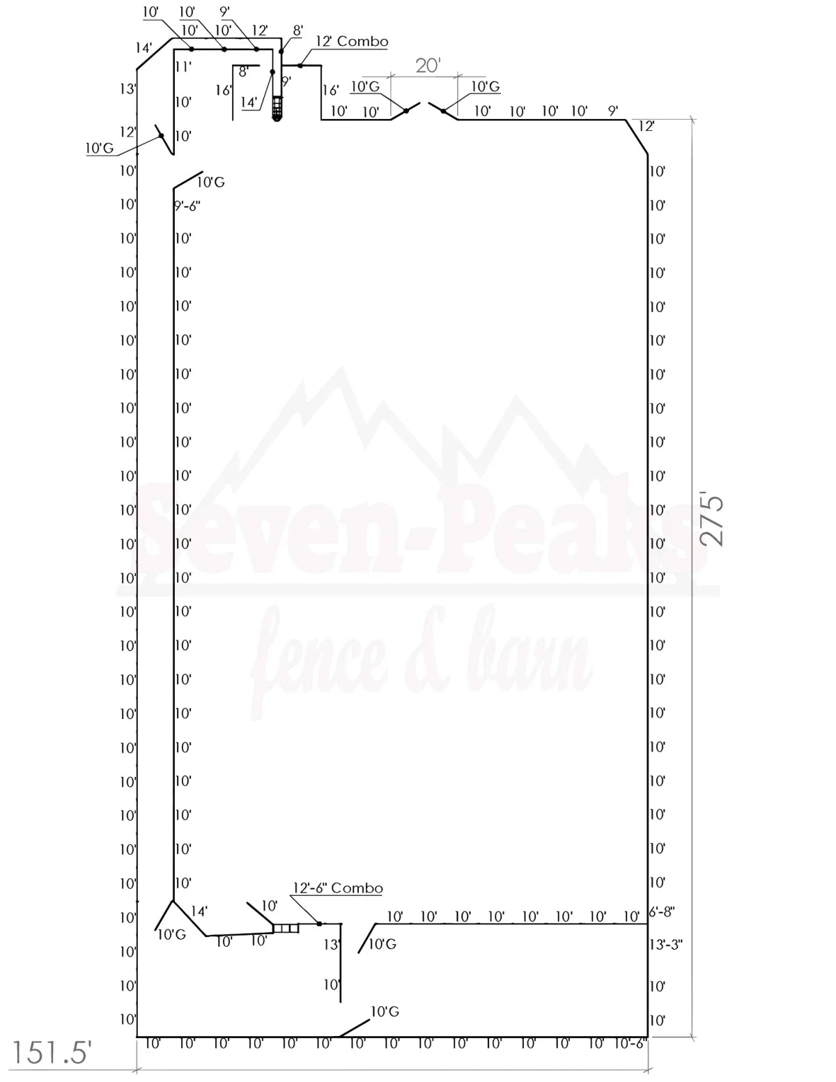 fence layout diagram with measurements and gates