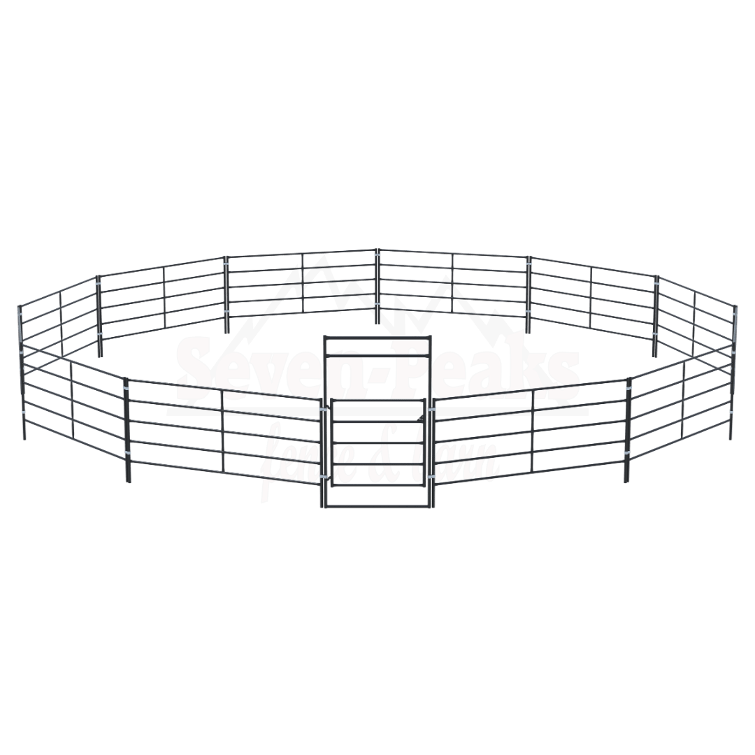 Seven Peaks fence and barn logo with metal corral fencing design