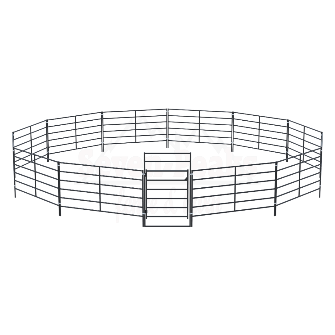 circular metal fence with logo seven peaks fence and barn