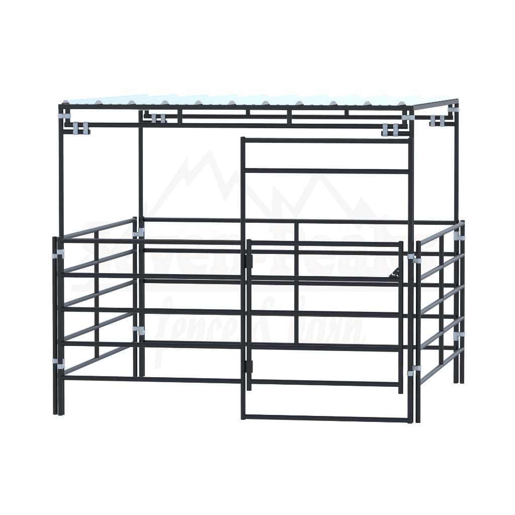 "enclosed metal livestock pen"