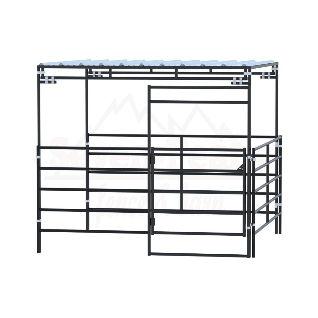 metal livestock shelter with roof and gate