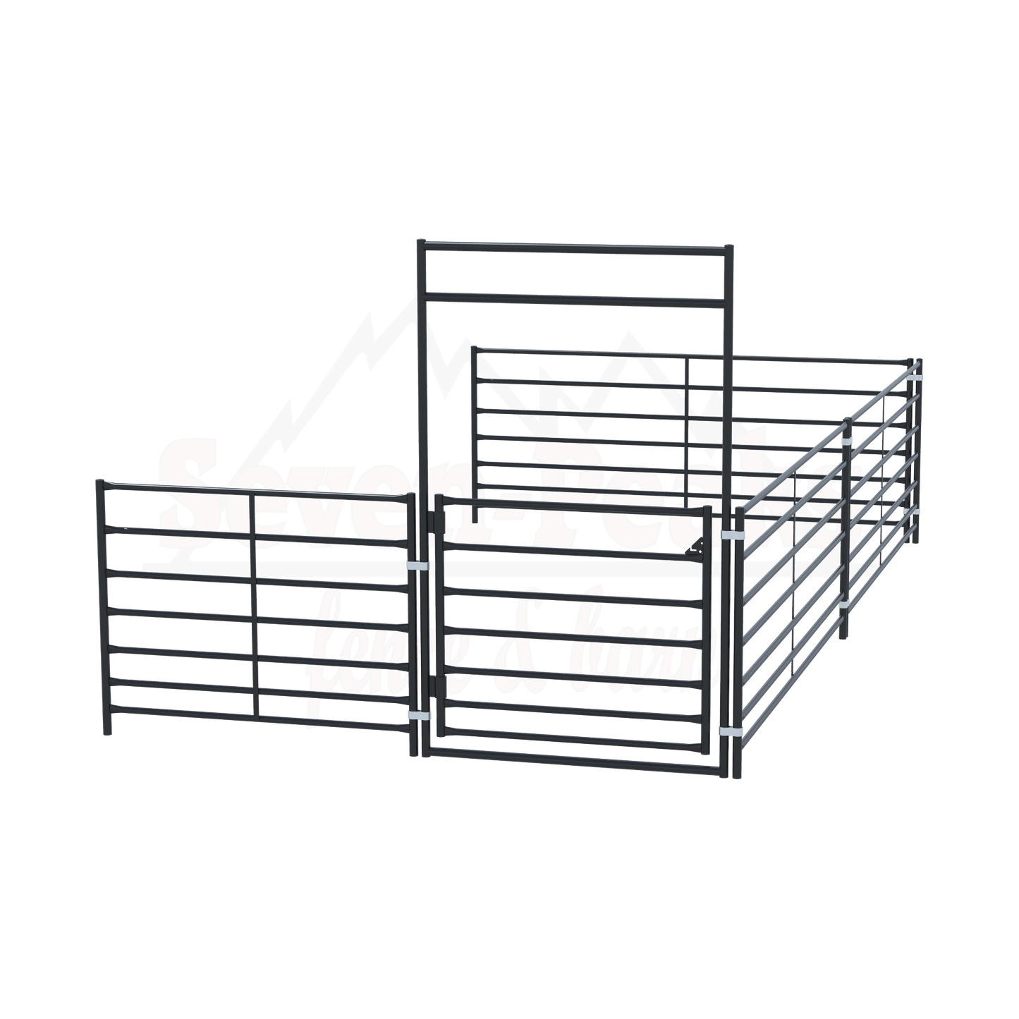 Seven Peaks fence and barn logo with metal corral panels