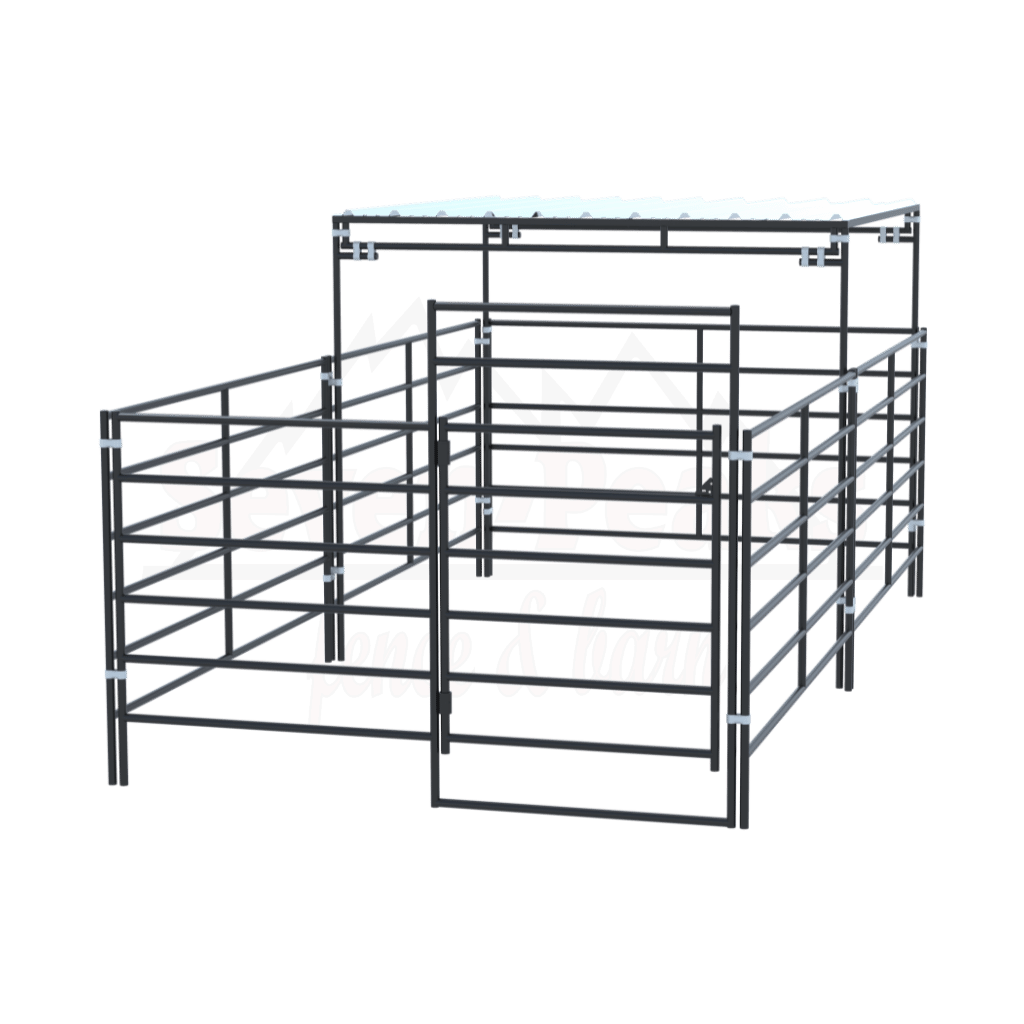 Steel corral panels with roof from Seven Peaks Fence & Barn.