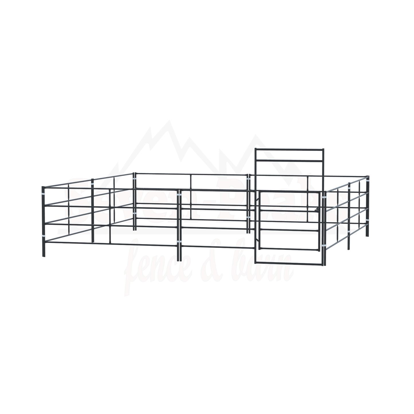 Seven Peaks Fence & Barn logo with metal railings and mountain graphic