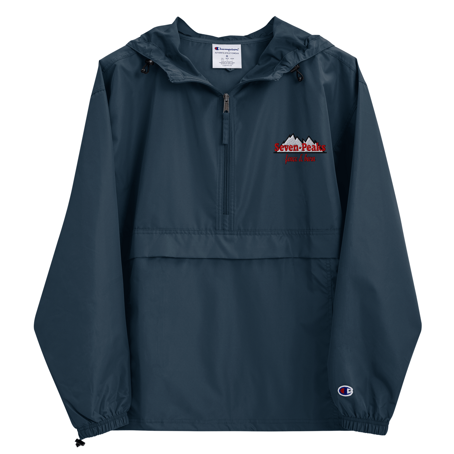 navy blue hooded jacket with Seven Peaks logo