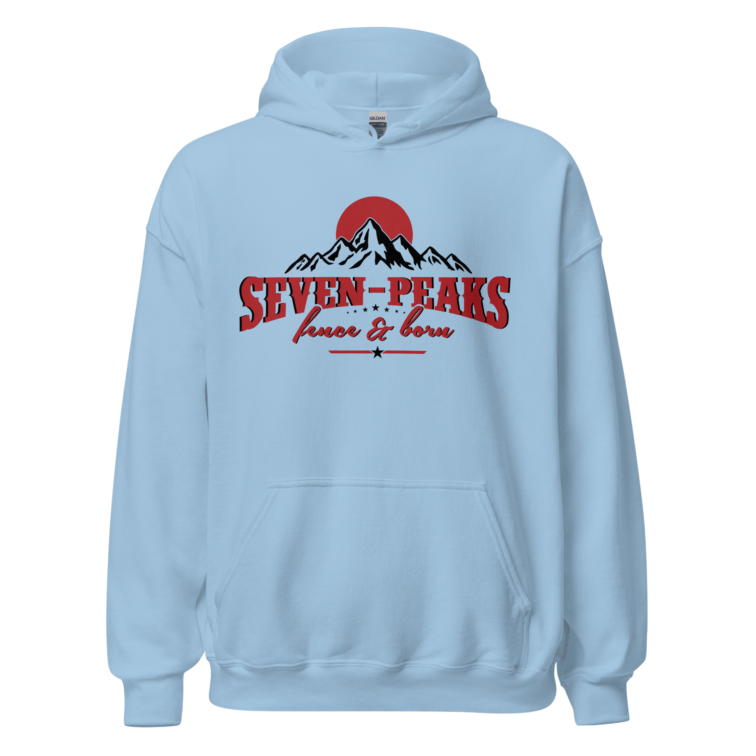 Light blue hoodie with Seven Peaks graphic design.