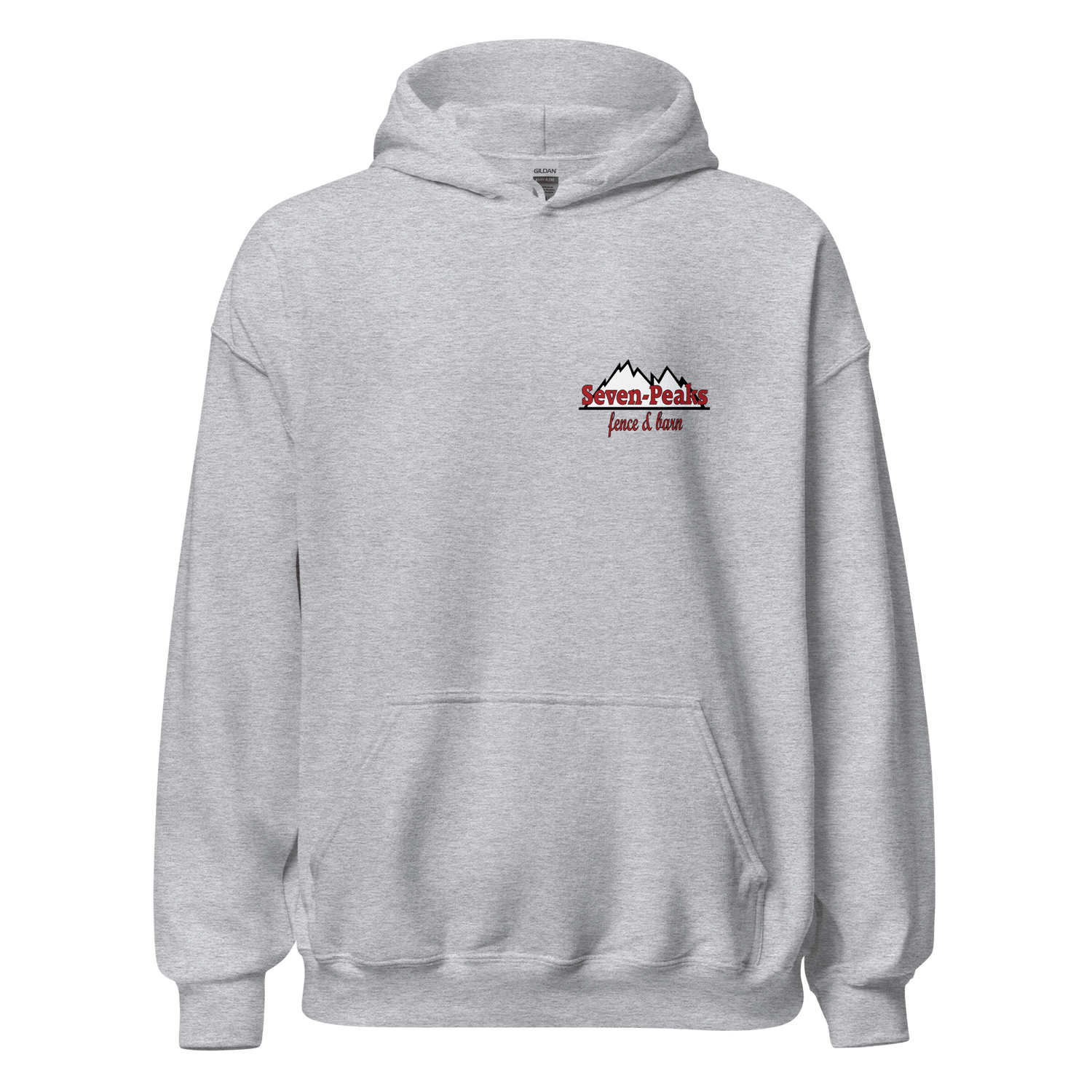 Gray hoodie with Seven Peaks Fence and Barn logo