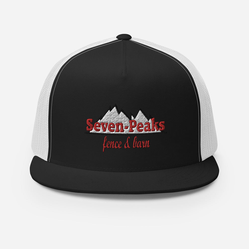 black and white trucker hat with seven peaks fence and barn logo