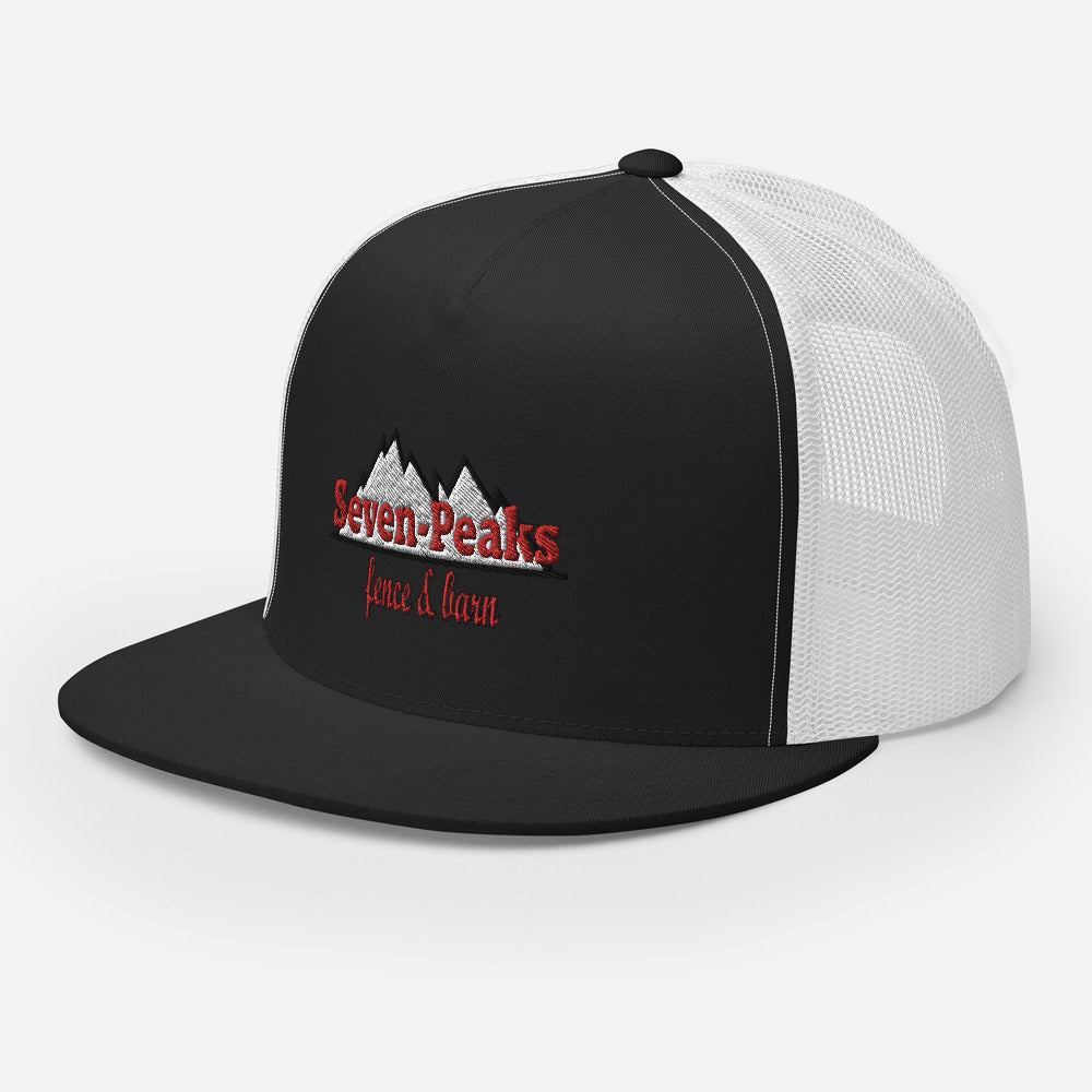 black mesh trucker hat with embroidered logo Seven Peaks fence and barn