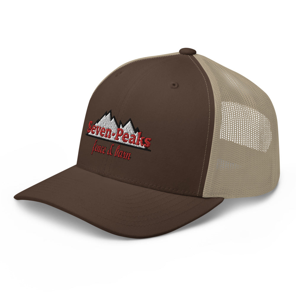 Brown mesh trucker hat with Seven Peaks logo.