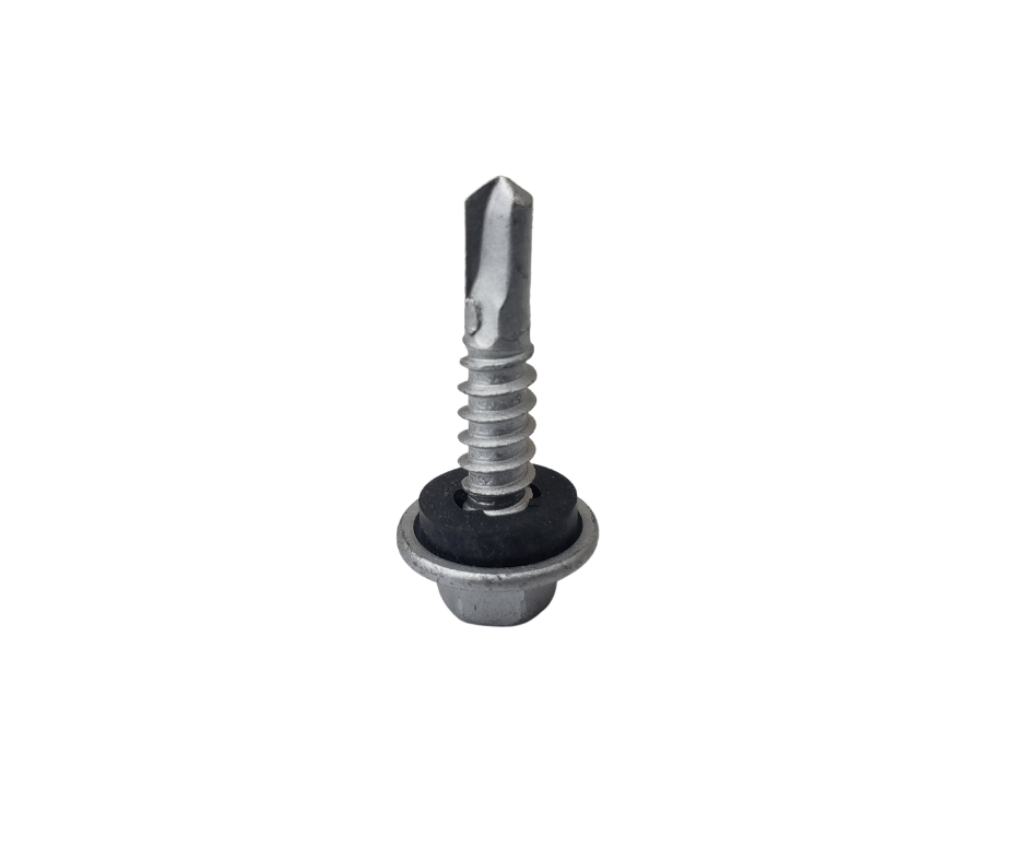 self-drilling metal screw with washer on white background