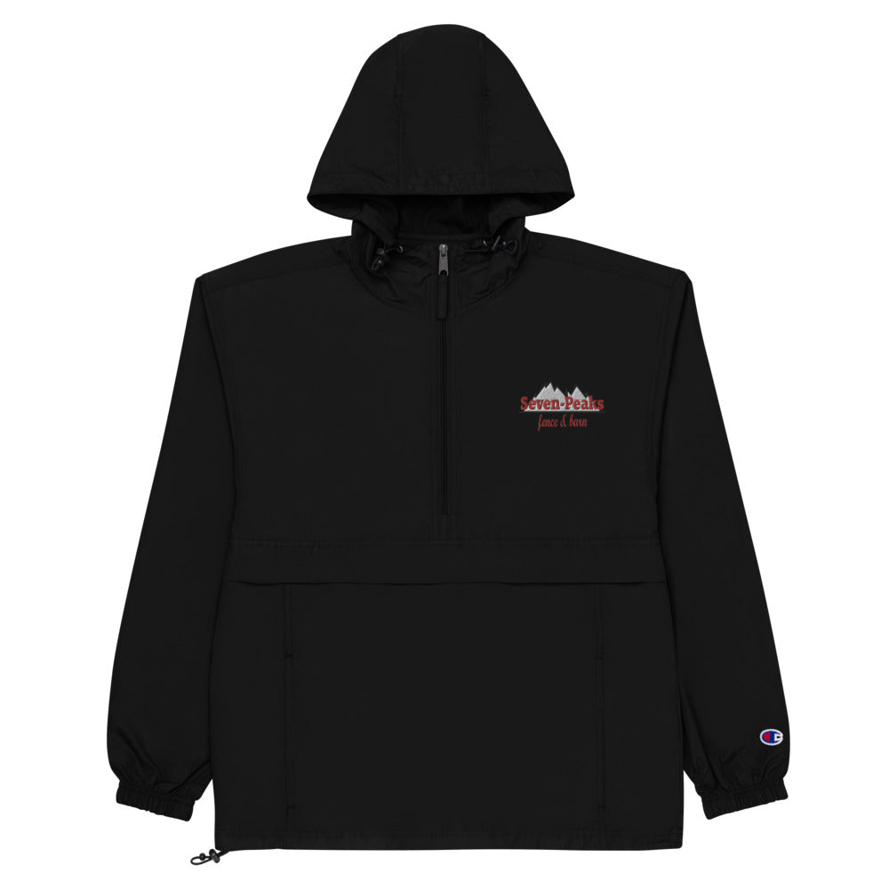 Black hooded pullover jacket with logo.