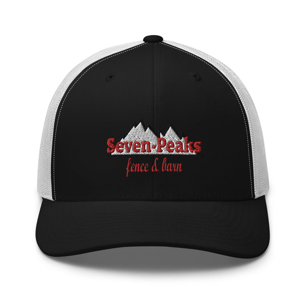 black trucker hat Seven Peaks fence lawn logo