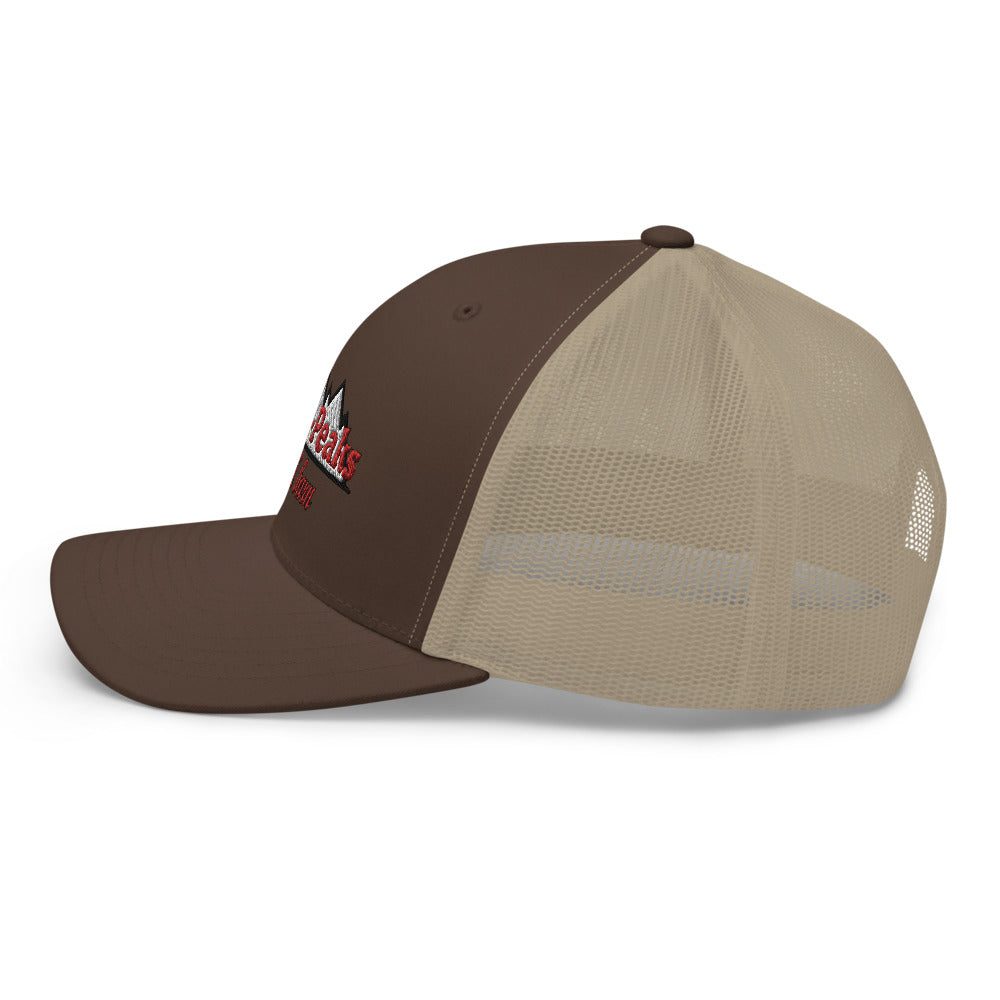"brown trucker hat with mesh back side view"