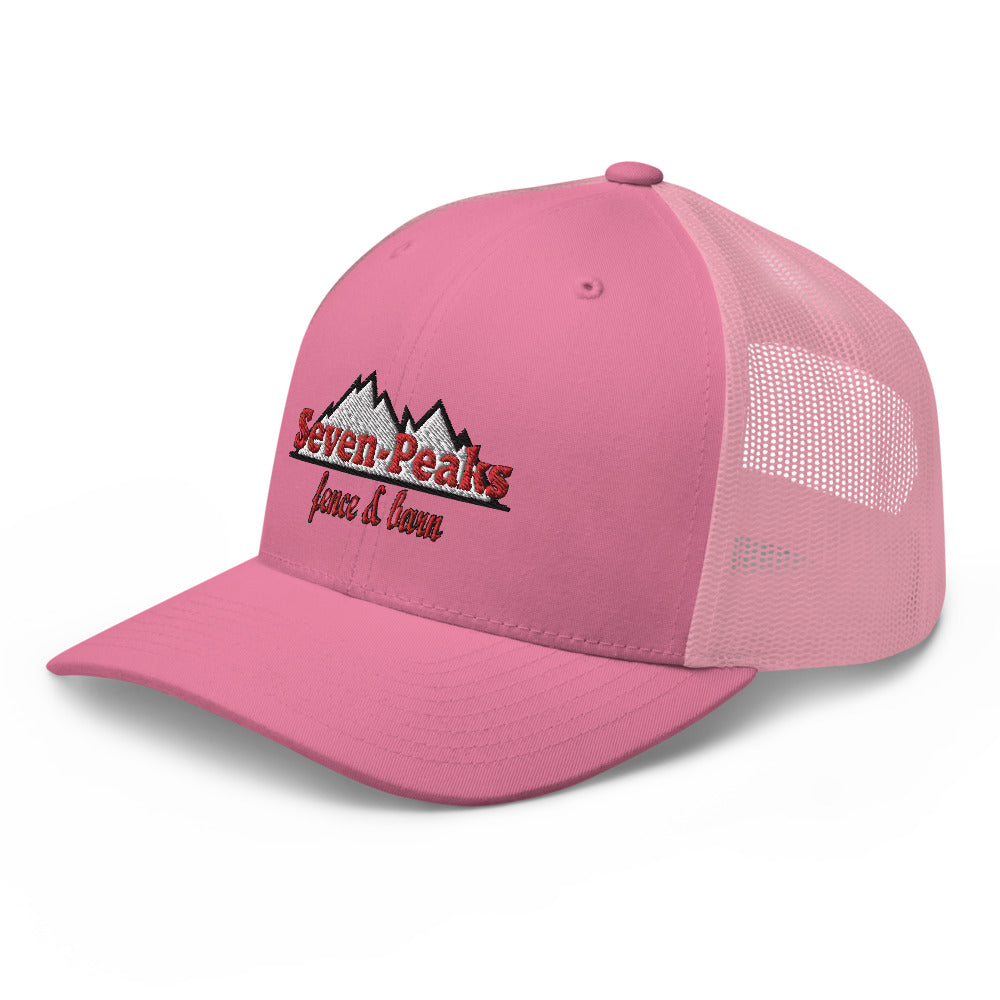 pink mesh trucker cap with Seven Peaks logo