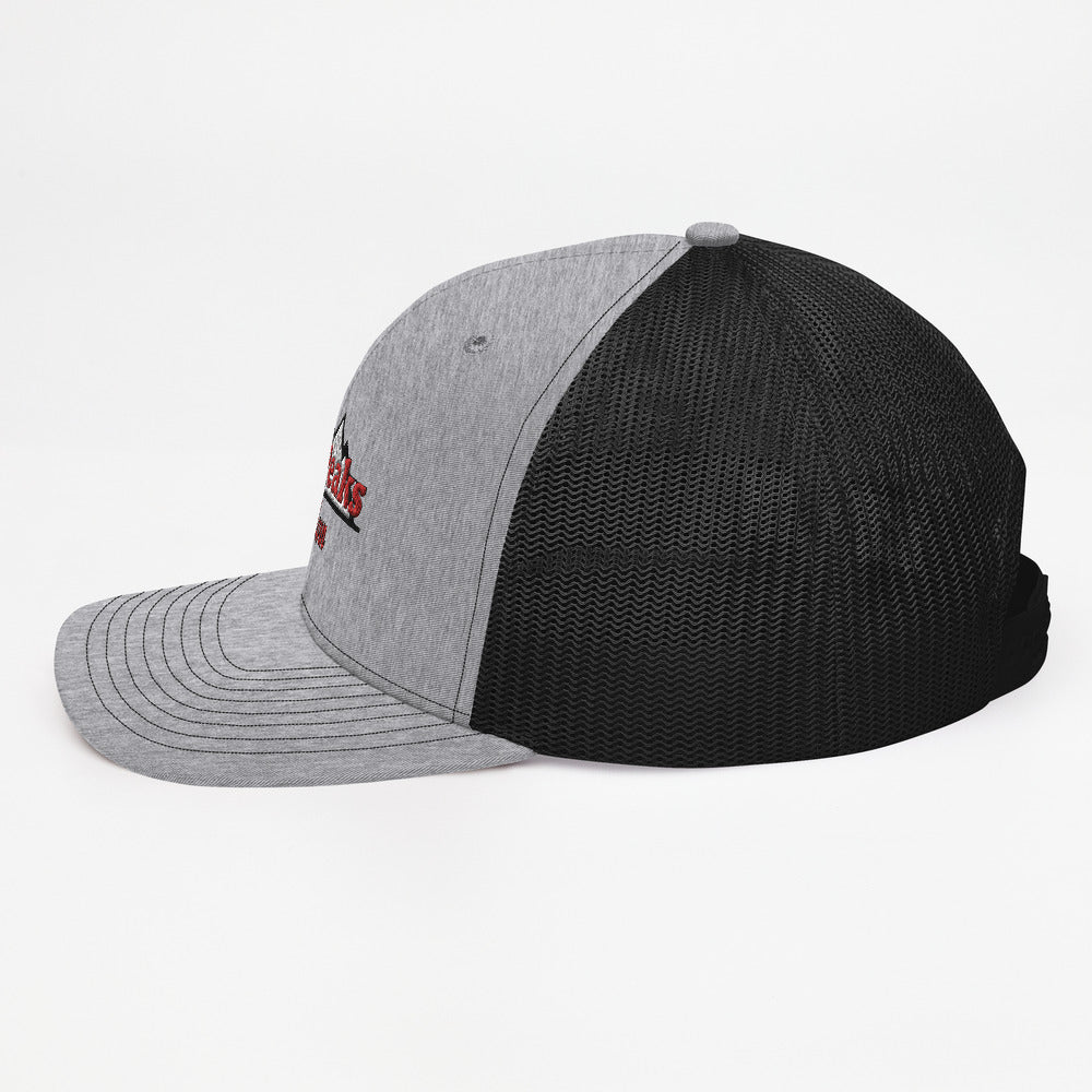 gray and black mesh baseball cap side view