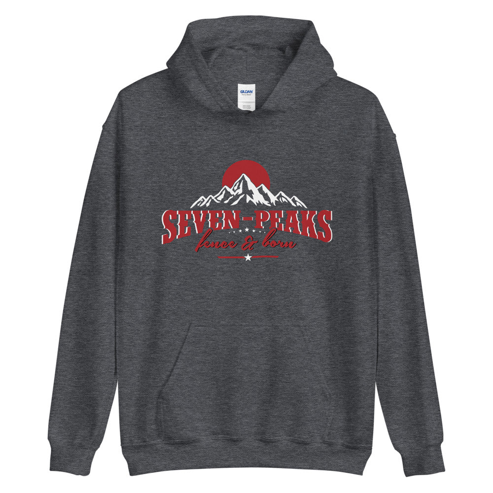 gray hoodie with seven peaks mountain graphic design