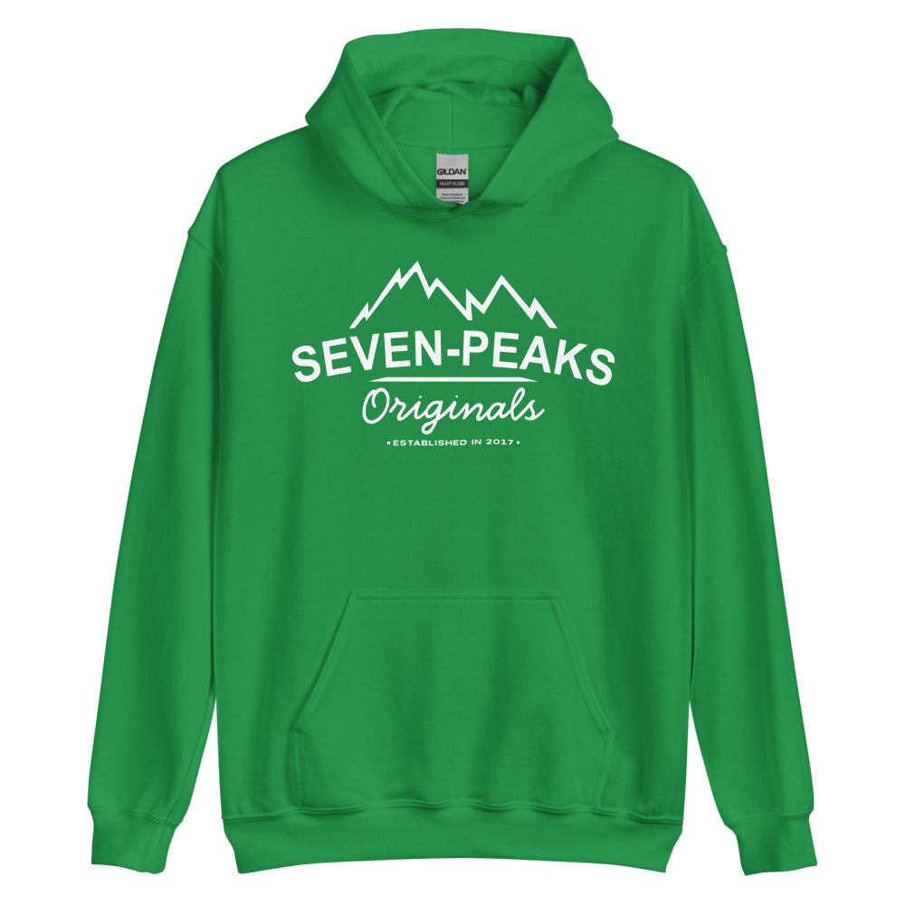 Green hoodie with Seven Peaks Originals logo