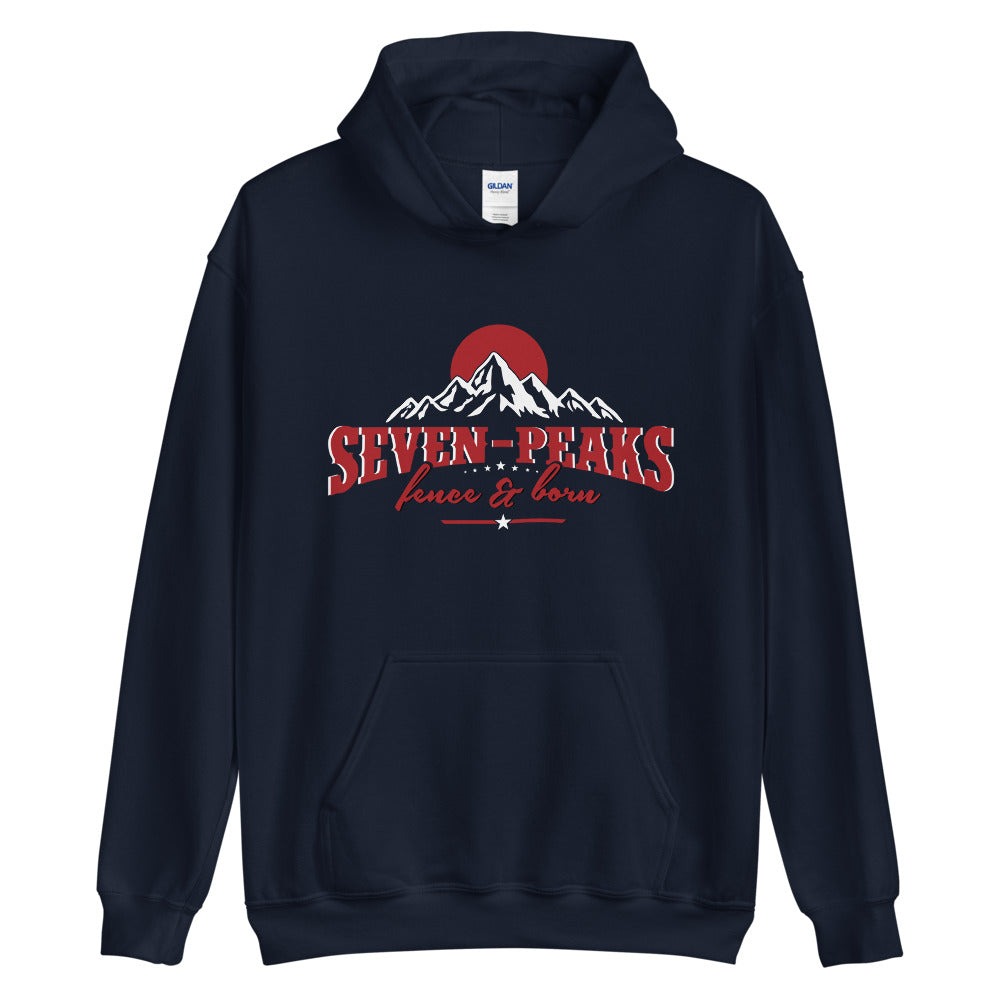 "navy hoodie seven peaks design"