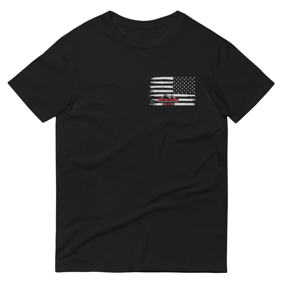 Black t-shirt with American flag design.