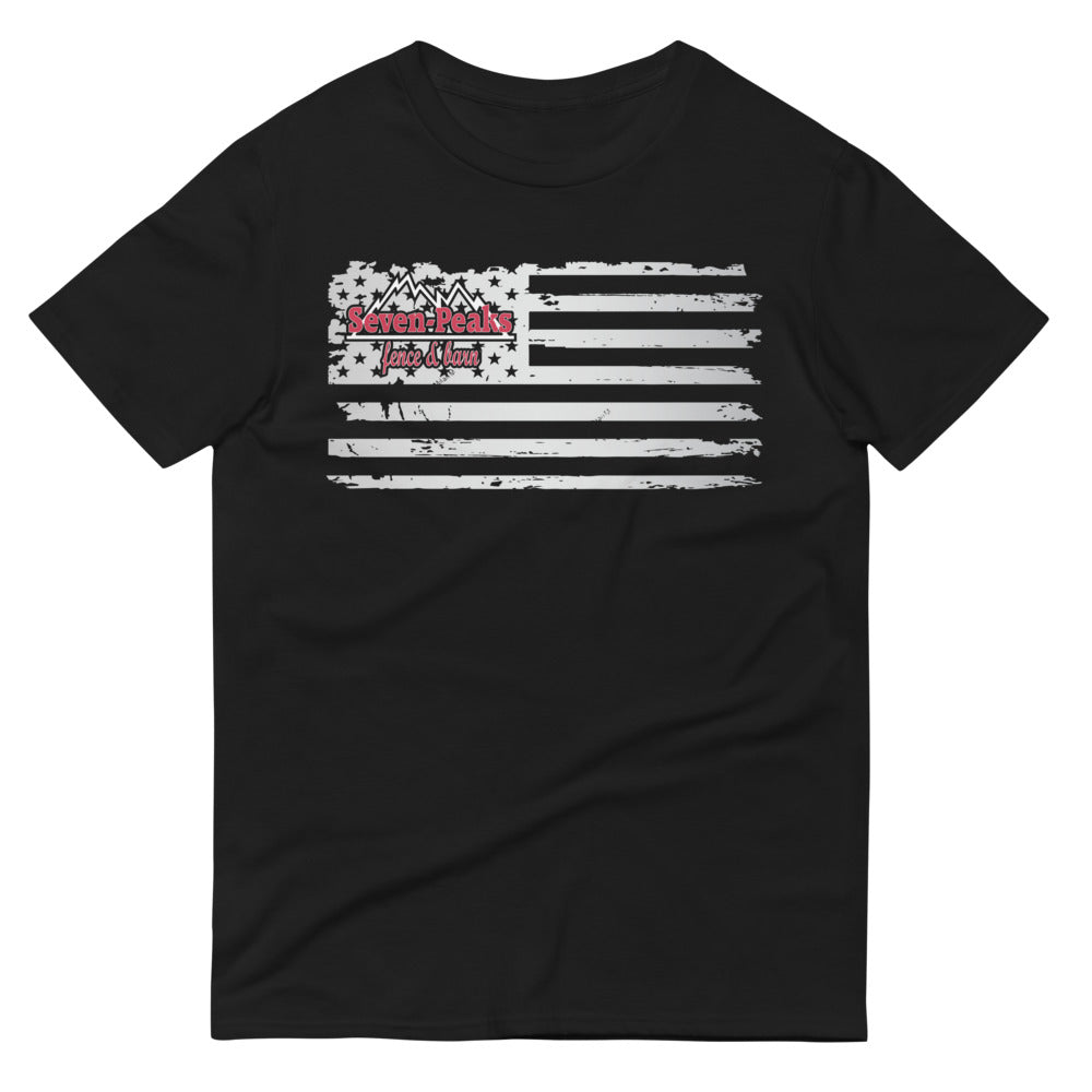 Black t-shirt with American flag design and Seven Peaks Fence and Barn logo.
