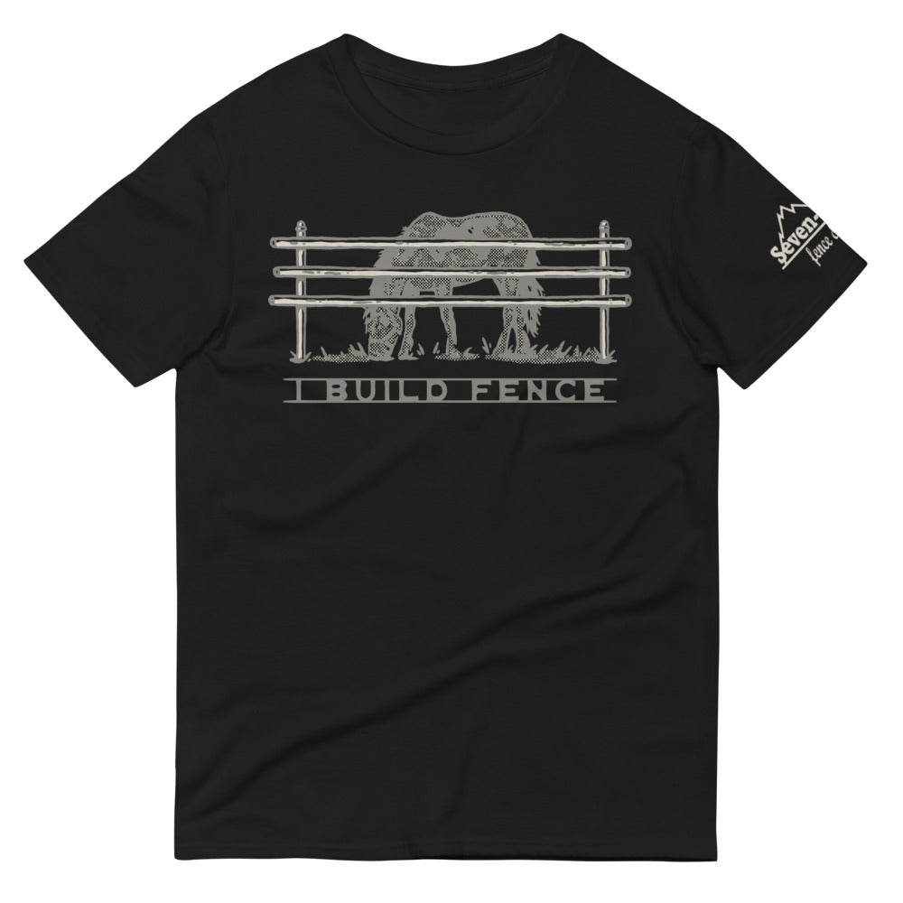 Black t-shirt with horse design and text "I Build Fence"