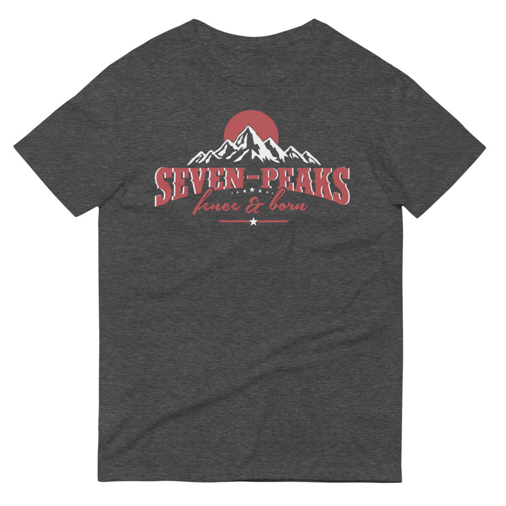 Gray t-shirt with Seven Peaks logo and mountain design