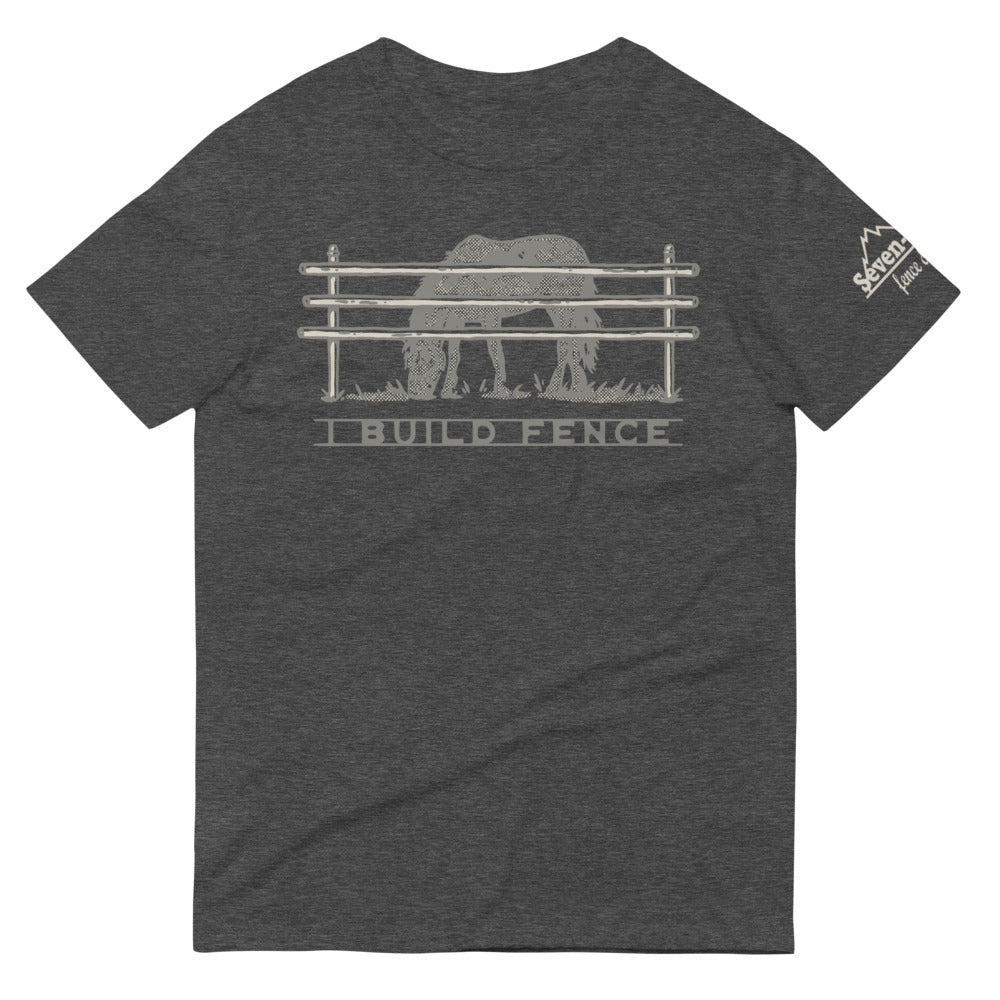 "gray t-shirt with horse fence graphic and text"
