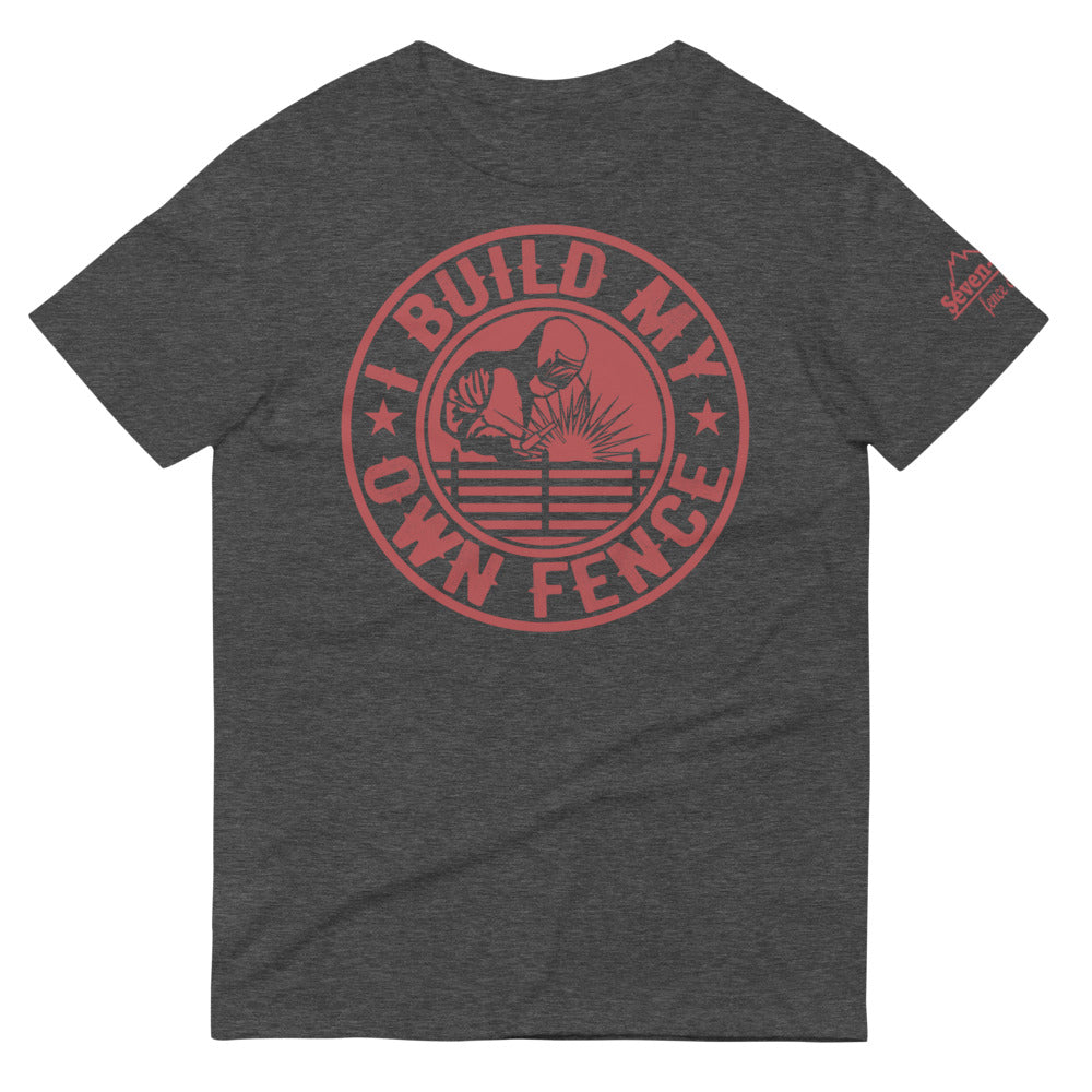 "t-shirt with I Build My Own Fence design in red"