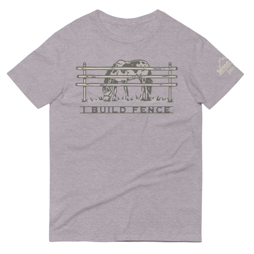 gray t-shirt horse fence design text "I Build Fence"