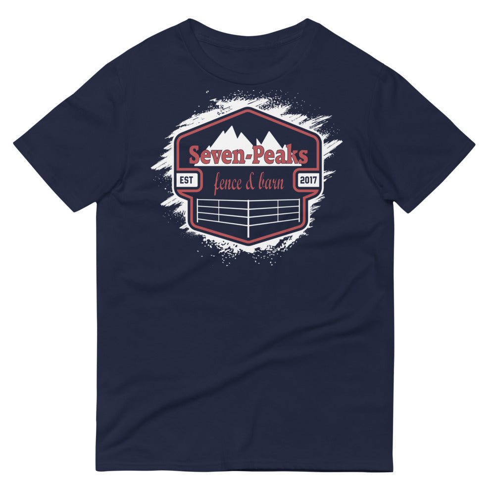Navy t-shirt with Seven-Peaks fence and barn logo.