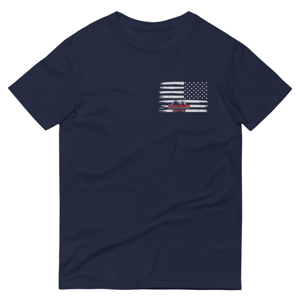 Navy blue t-shirt with American flag design and text