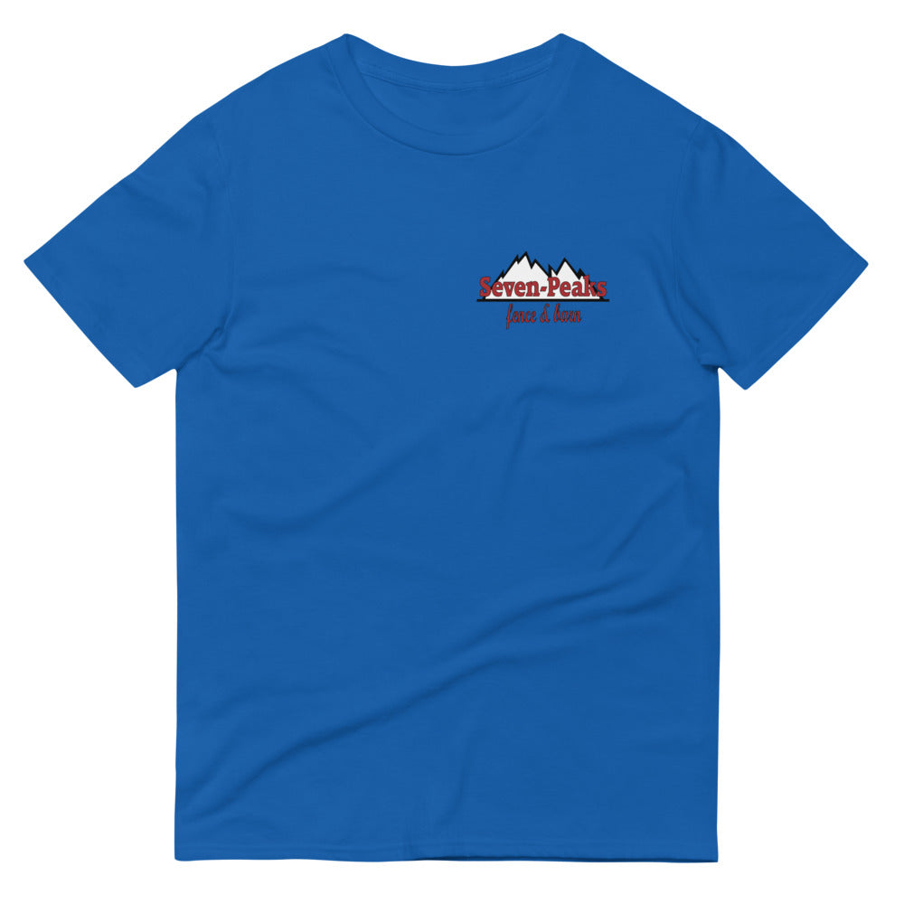 blue t-shirt with seven peaks logo