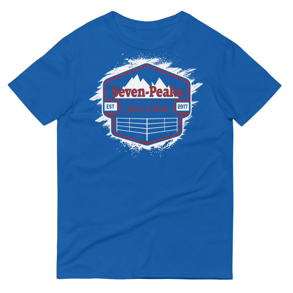 blue t-shirt seven-peaks fence and barn logo