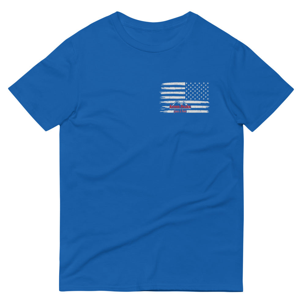 Blue t-shirt with American flag design.