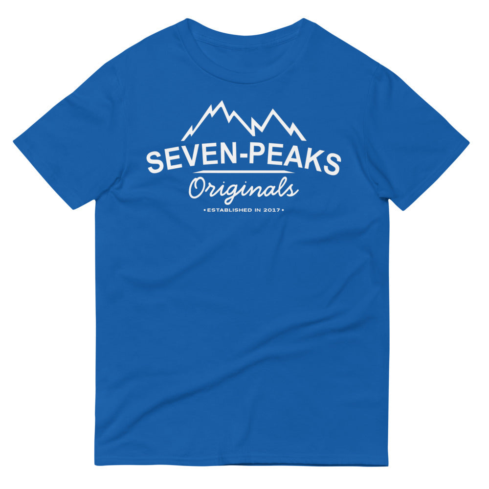Blue t-shirt with Seven Peaks Originals logo.