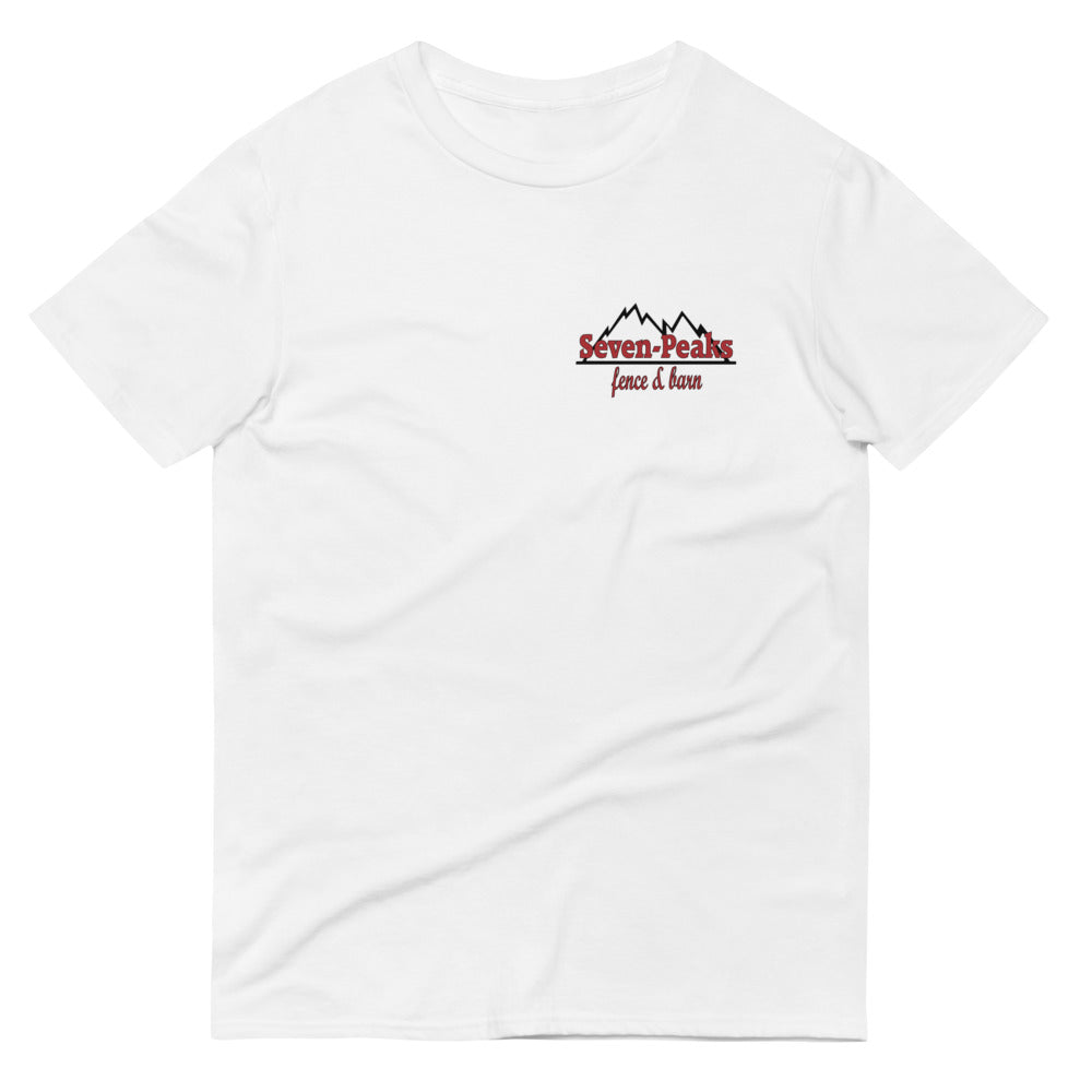 White t-shirt with Seven Peaks fence and barn logo.