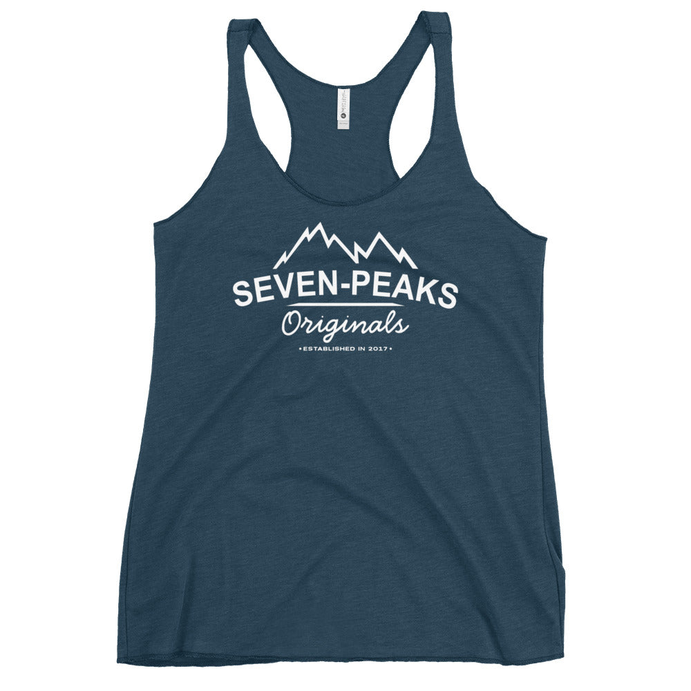 navy blue racerback tank top with seven-peaks originals logo