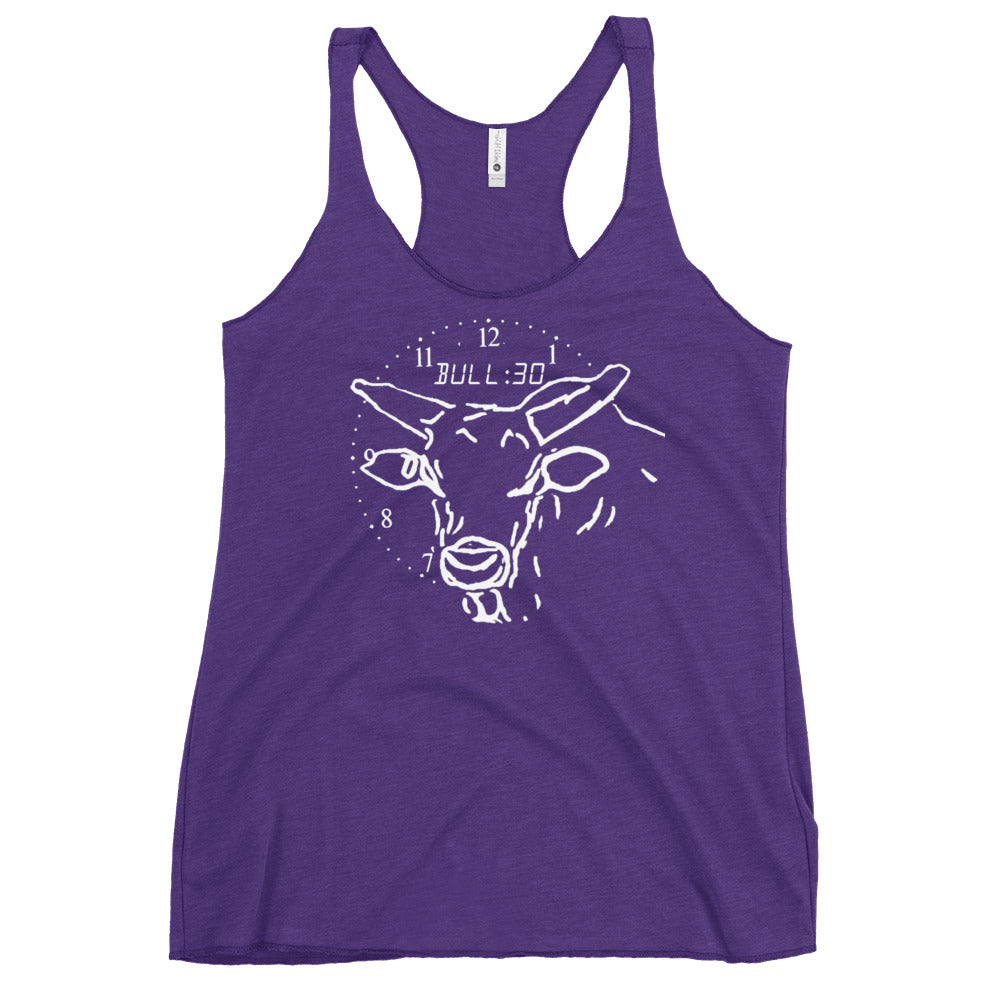 Purple tank top with bull graphic and clock design.