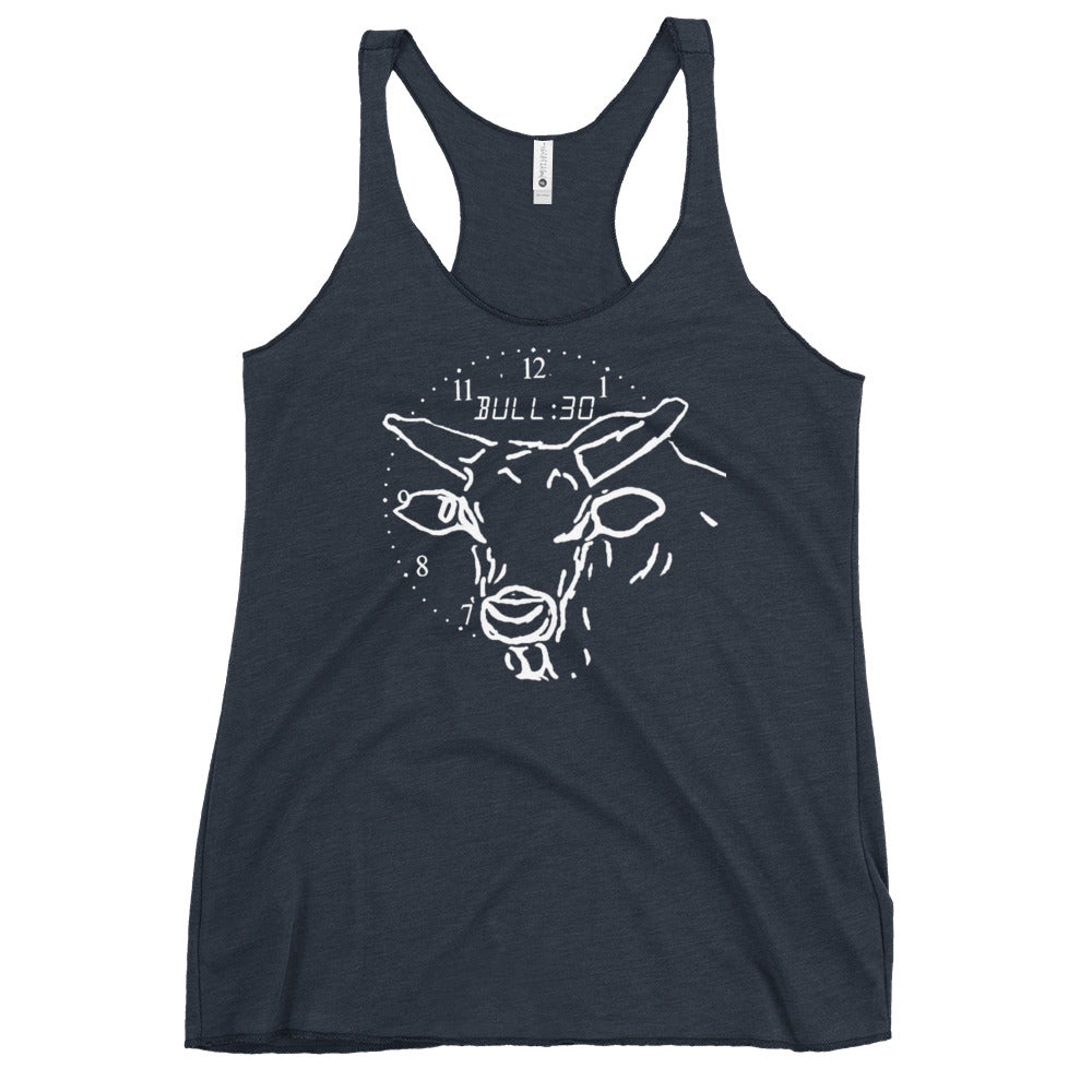 Racerback tank top with bull and clock design text "Bull:30"