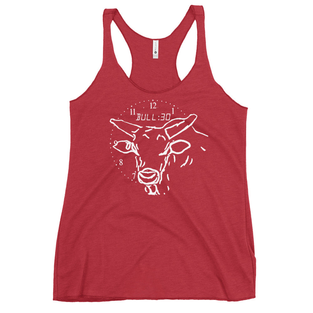 Red tank top with bull clock design.