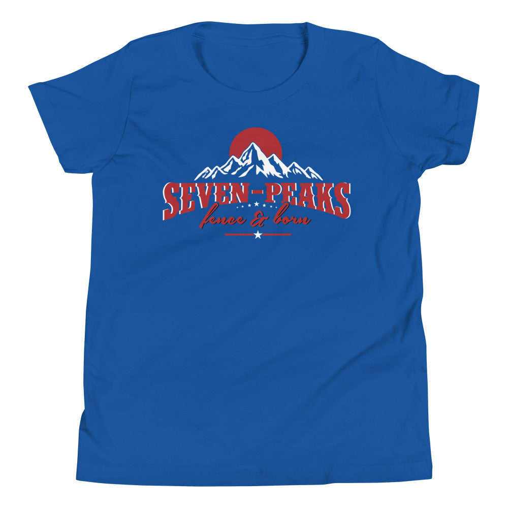 Blue t-shirt with Seven Peaks mountain logo design.