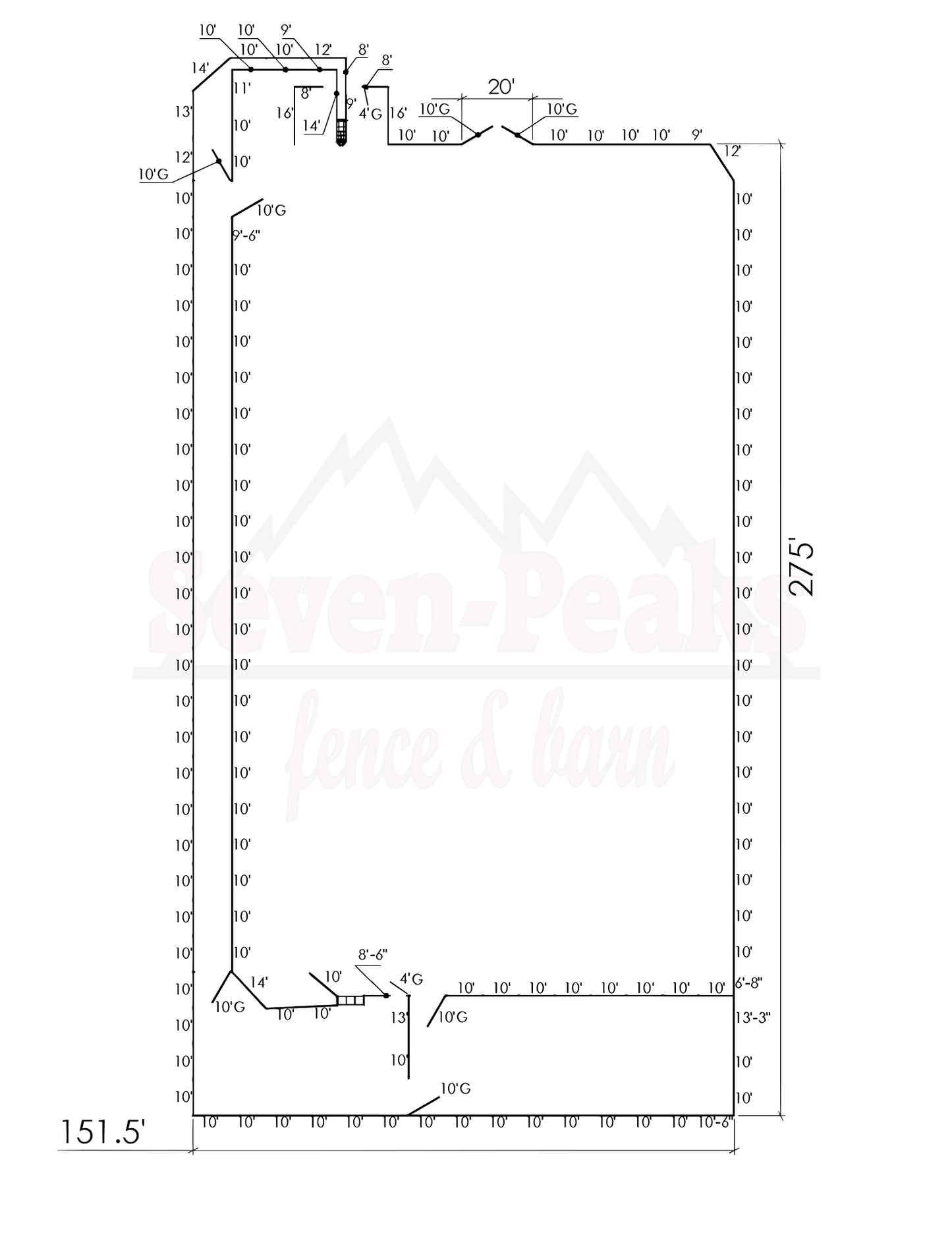 fence layout diagram with measurements and gates