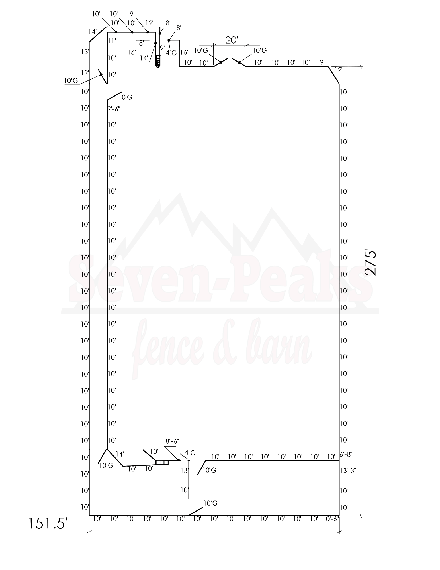 fence layout diagram with measurements and gates