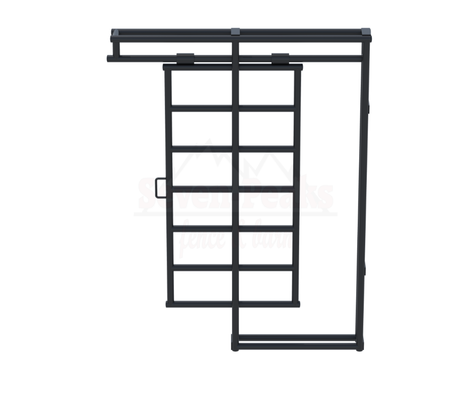 Sliding barn door hardware with logo.