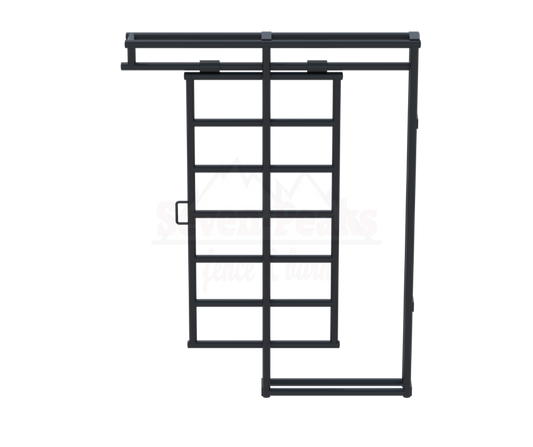 Sliding barn door hardware with logo.
