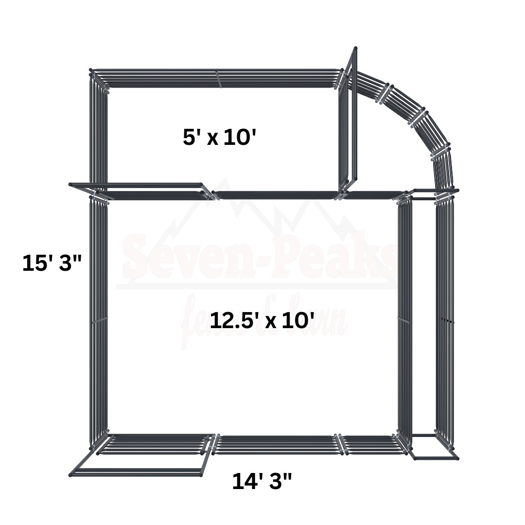 metal pipe structure with dimensions 5x10 feet 12.5x10 feet 14x3 feet 15x3 feet