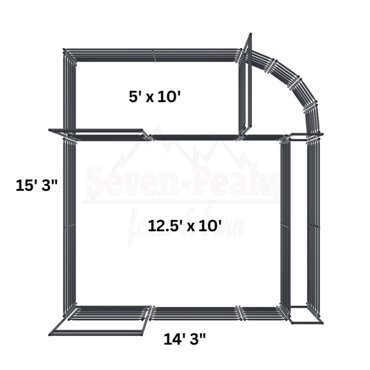 metal pipe structure with dimensions 5x10 feet 12.5x10 feet 14x3 feet 15x3 feet