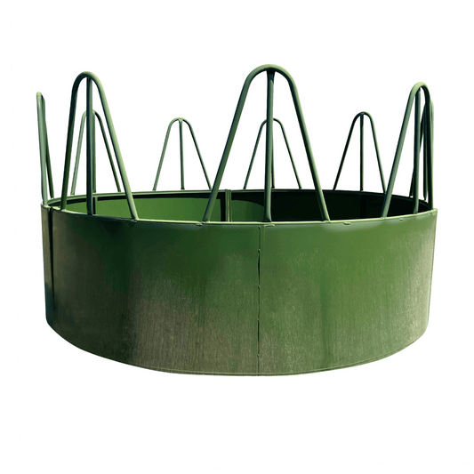 green metal livestock feeder round bale