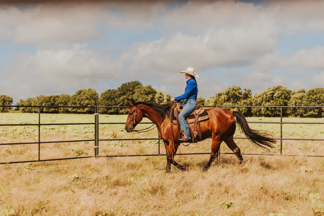 Woman a blue shirt and light cowboy hat riding a brown horse surrounded by 4 rail panel fencing